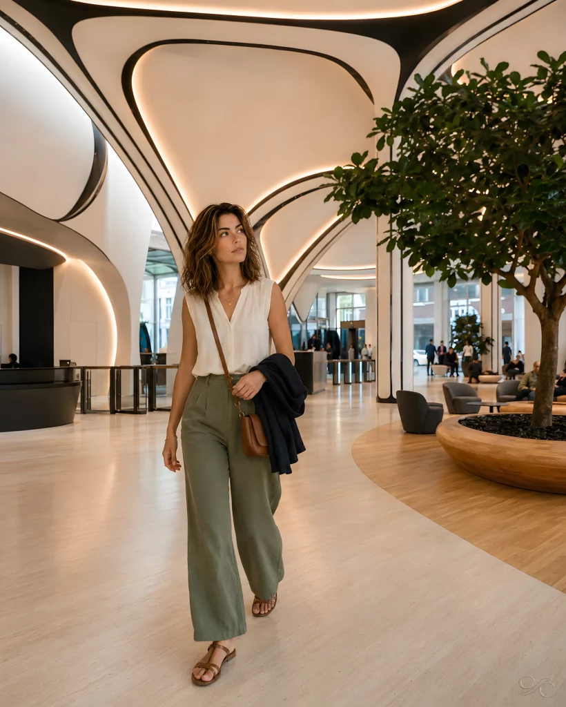Camille walks through a modern, spacious interior with unique architectural design elements.