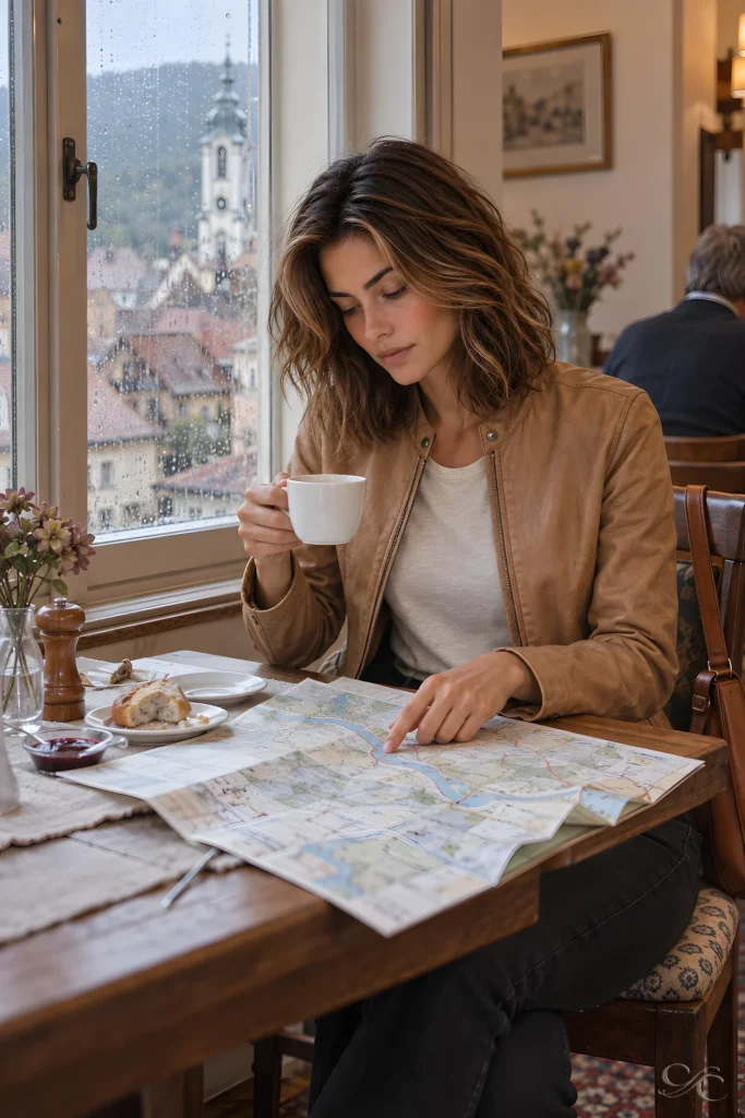 Woman holding a coffee cup and tracing a route on a paper map at a breakfast table beside a rain-streaked window.