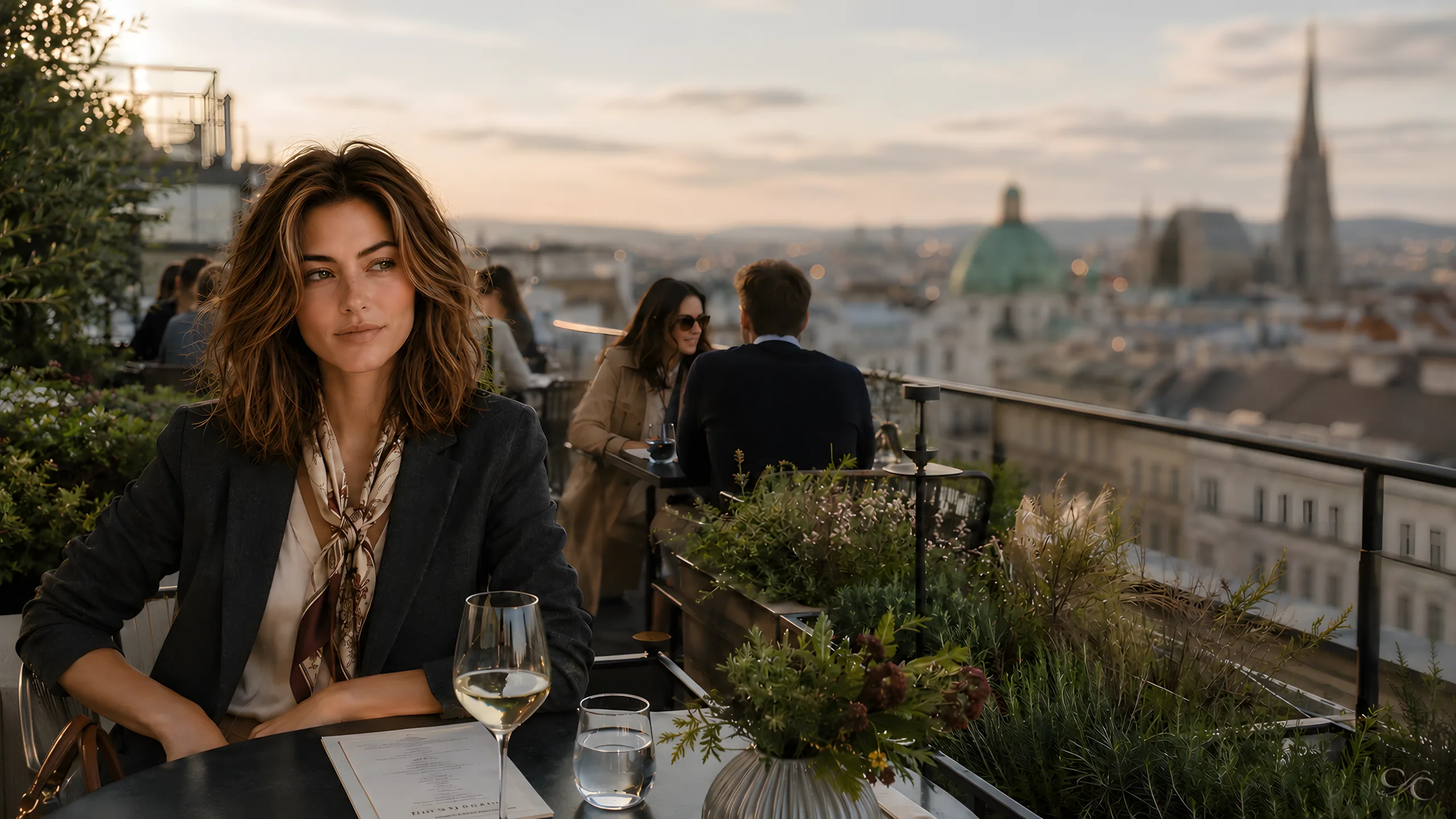 Camille sits elegantly at a rooftop bar with a city view
