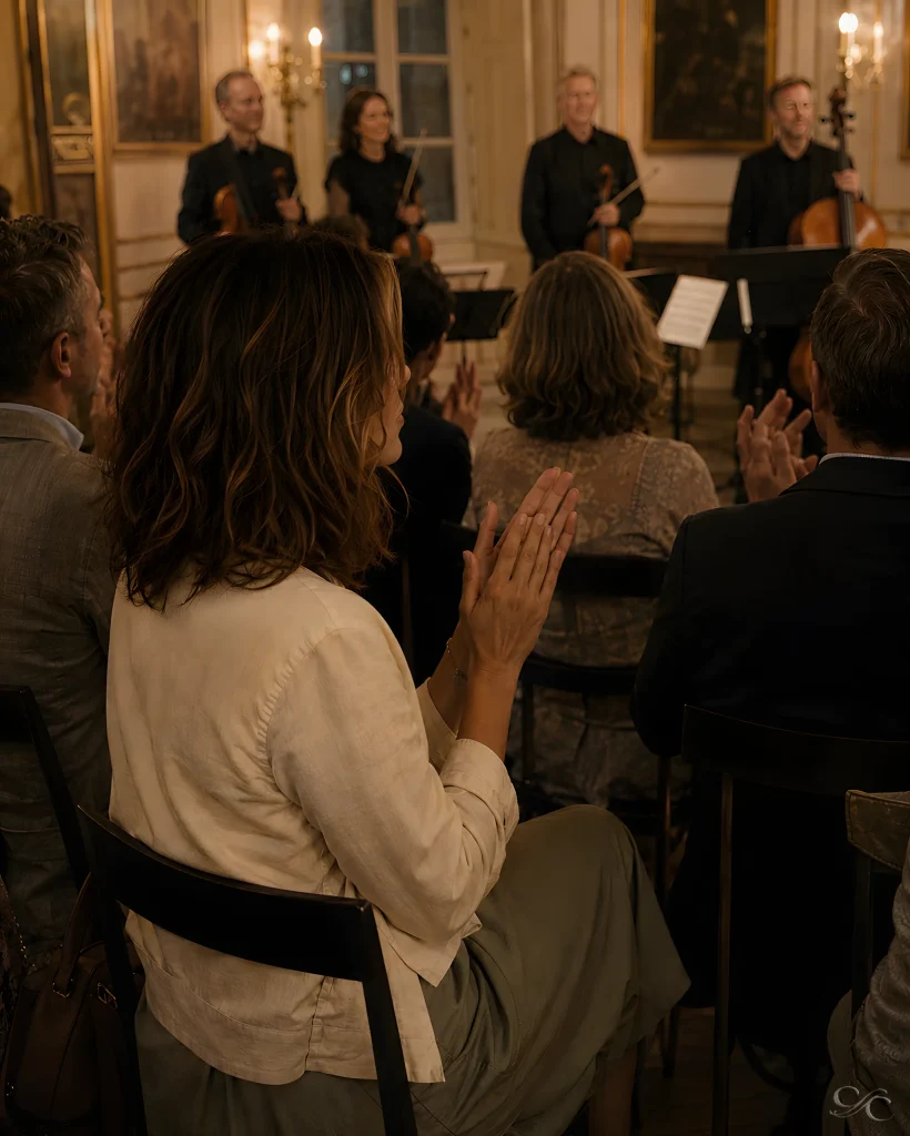 Camille applauding during a classical music performance in an elegant indoor setting