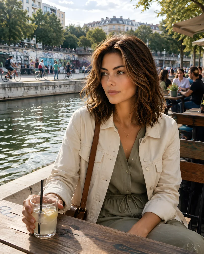 Camille enjoying a drink while seated at a table by a canal in the city