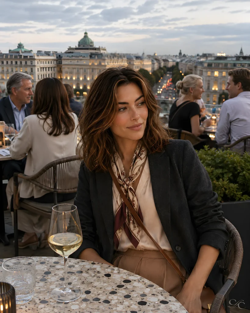 Camille enjoying a glass of wine at a rooftop restaurant overlooking the city