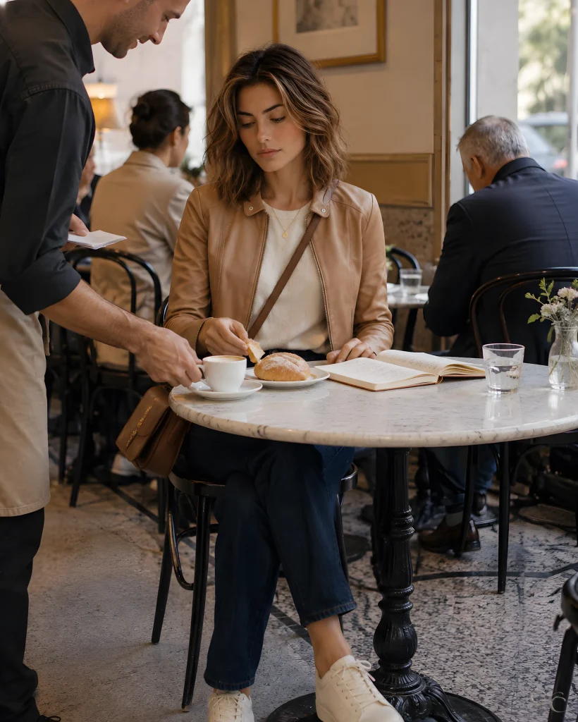 Camille-enjoying-coffee-and-pastry-at-cafe-table-in-busy-coffee-shop