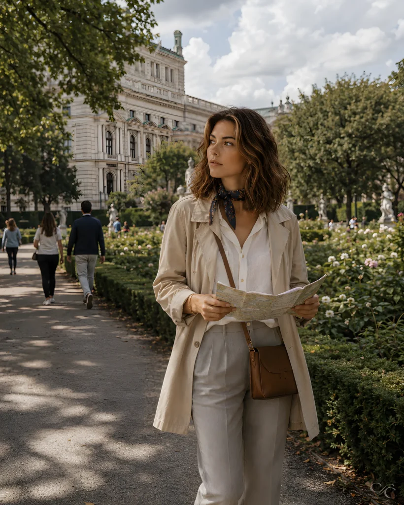 Camille-holding-a-map-in-a-beautiful-garden-setting-in-vienna