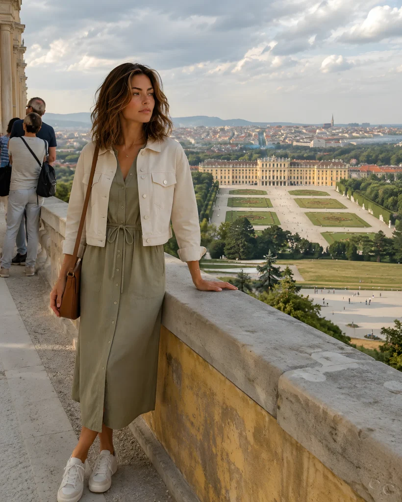 Camille leaning-on-railings-looking-at-scenery-in-vienna-with-palace-in-background