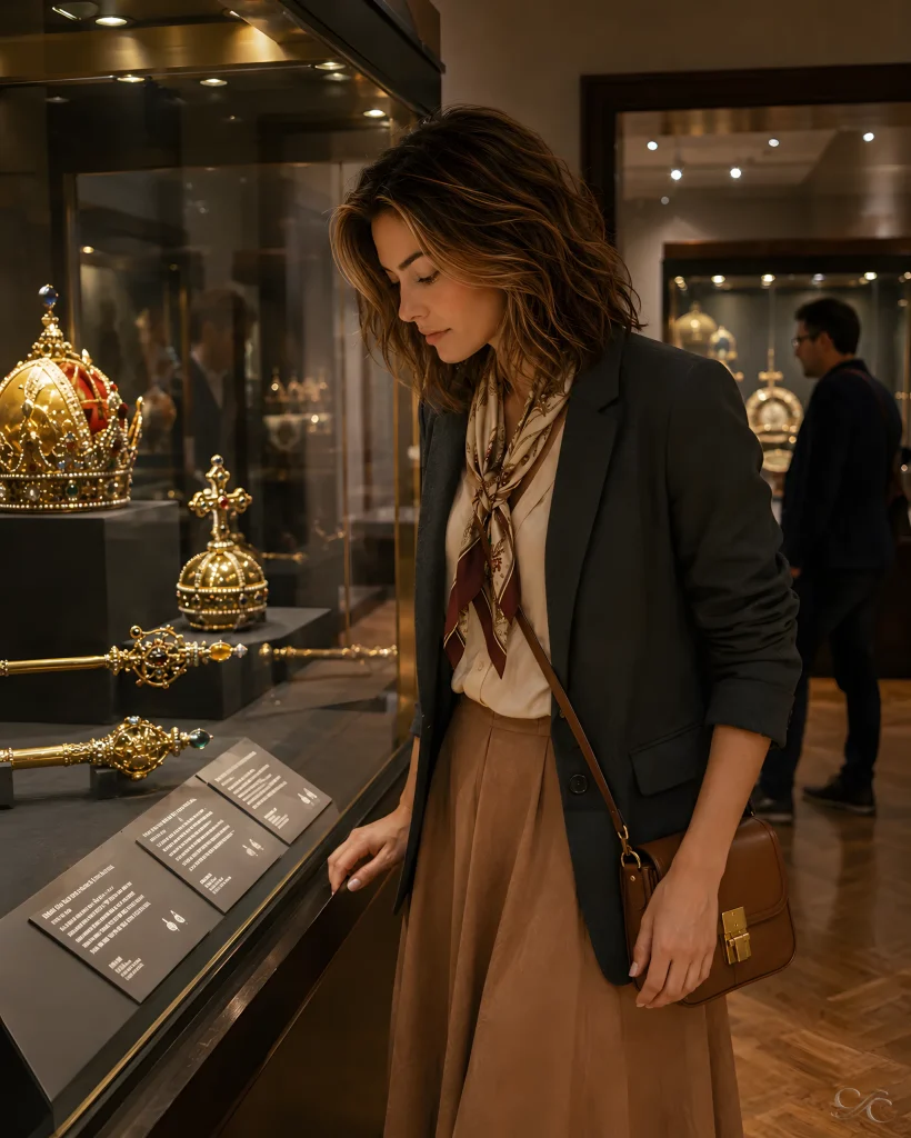 Camille observing ornate crowns and scepters in a museum exhibit in Vienna