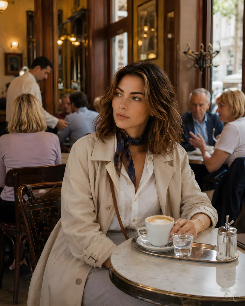 Camille-sipping-coffee-in-elegant-café-with-people-dining-in-background