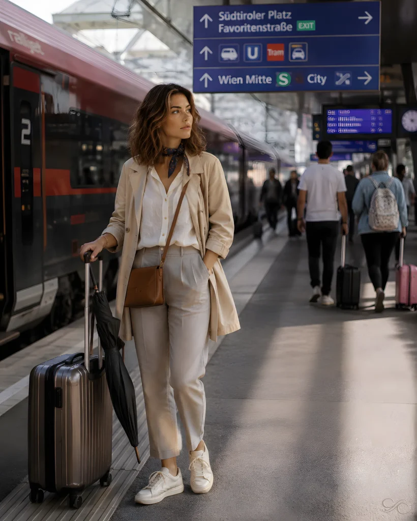 Camille standing with suitcase and umbrella at train station in Vienna