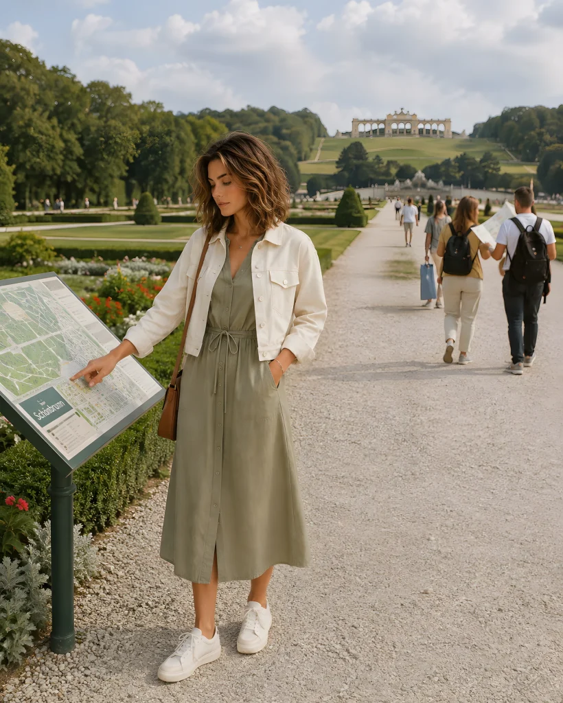 Camille-studying-map-in-beautiful-garden-setting-with-pathway-and-people-walking