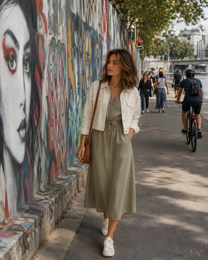 Camille walking along a colorful graffiti wall in a lively urban setting