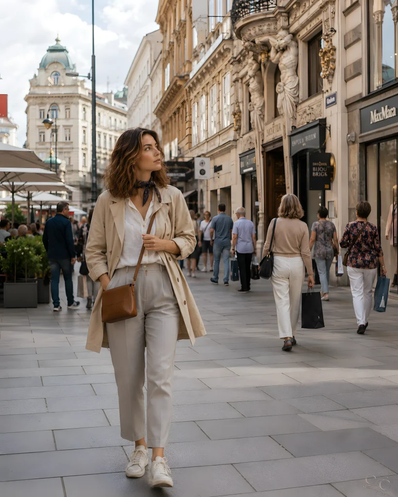 Camille-walking-in-light-trench-coat-on-busy-street-in-vienna