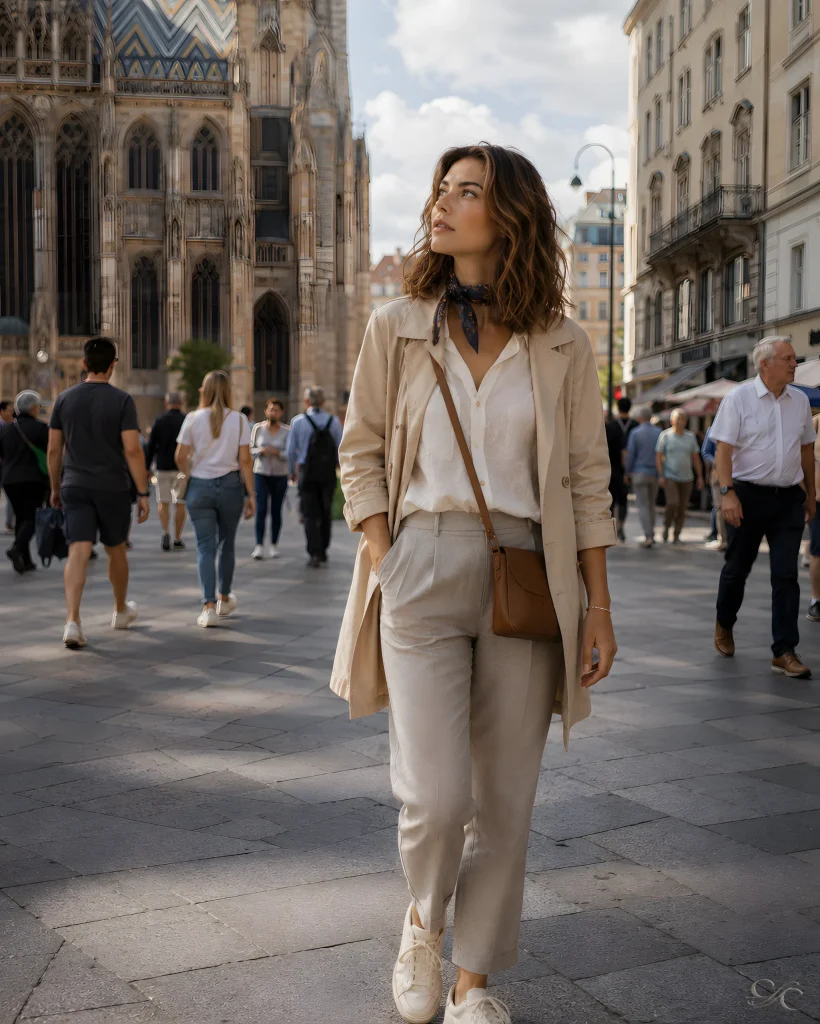 Camille walking on a busy street with a historic building in the background