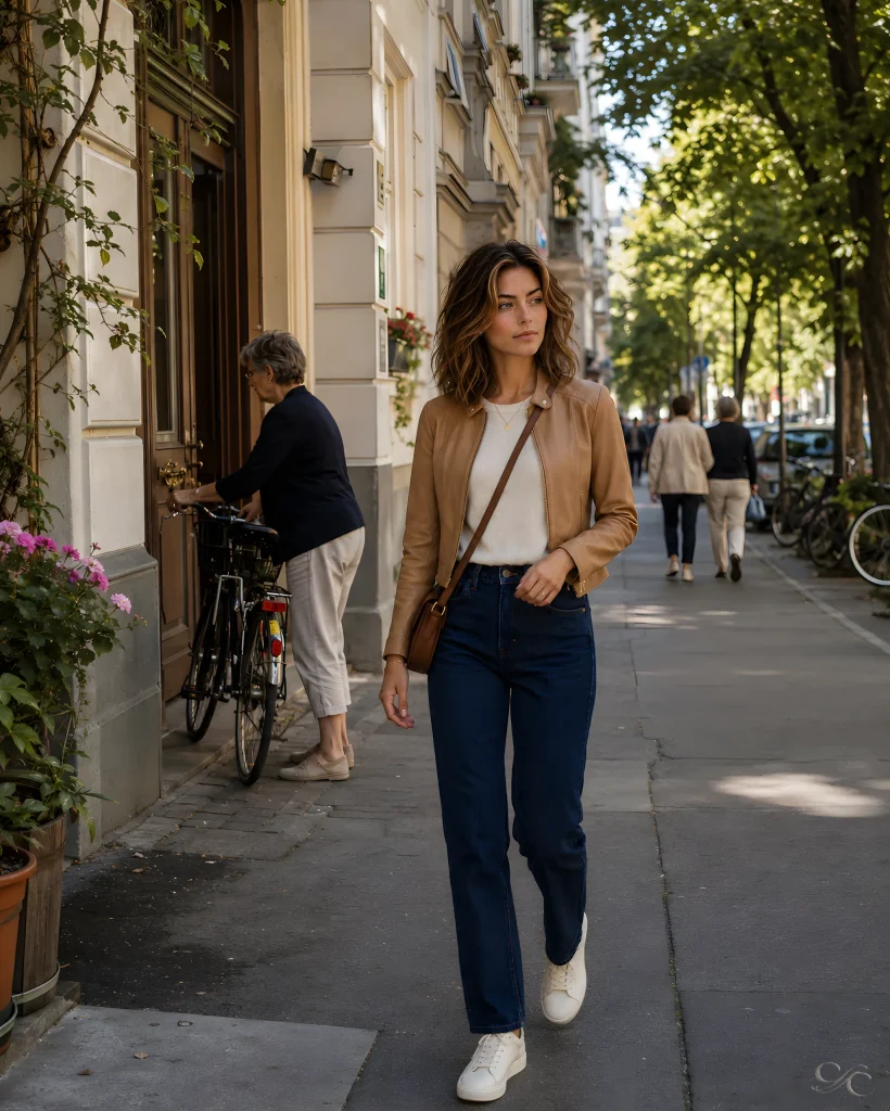 Camille walking on tree-lined street with potted flowers in a vibrant city