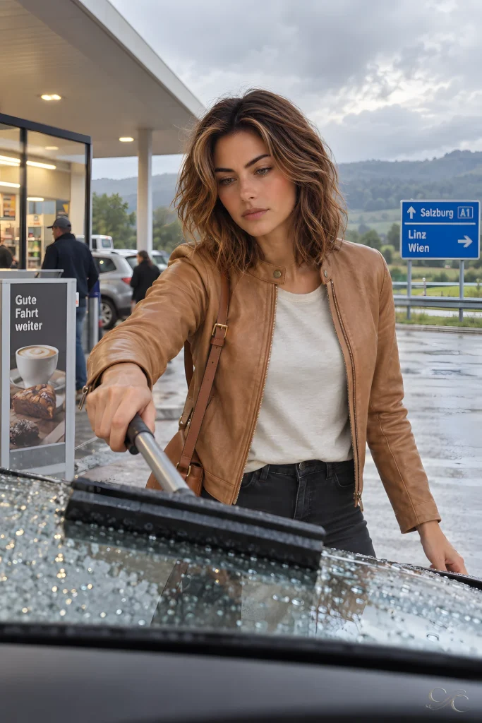 Camille uses a service-station squeegee to clear rainwater from a car windshield beneath cloudy skies.