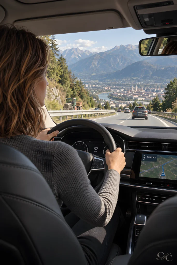Camille drives down a winding mountain road toward Innsbruck, with cars, a farm vehicle, the city and surrounding peaks ahead.