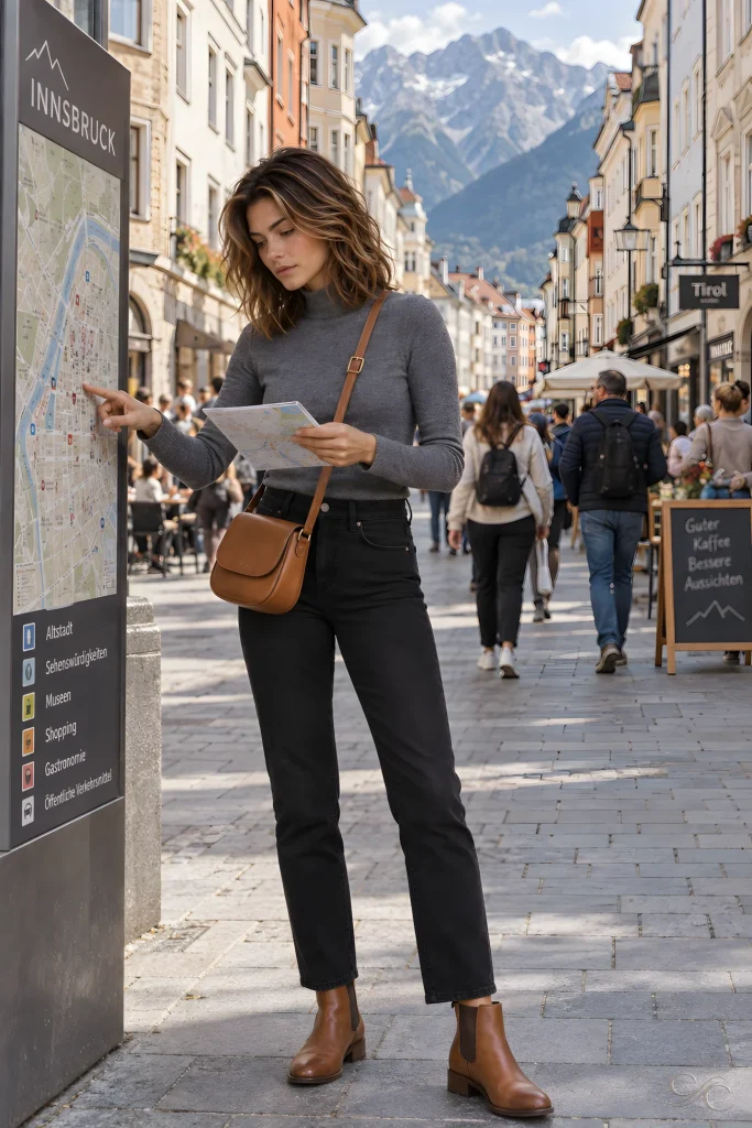 Camille compares a folded map with a public street directory on a busy Old Town pedestrian street, with pastel façades and mountains beyond.