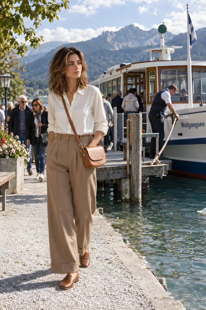 Camille walks beside Wolfgangsee as a crew member secures a ferry at the landing, with passengers and mountains behind her.