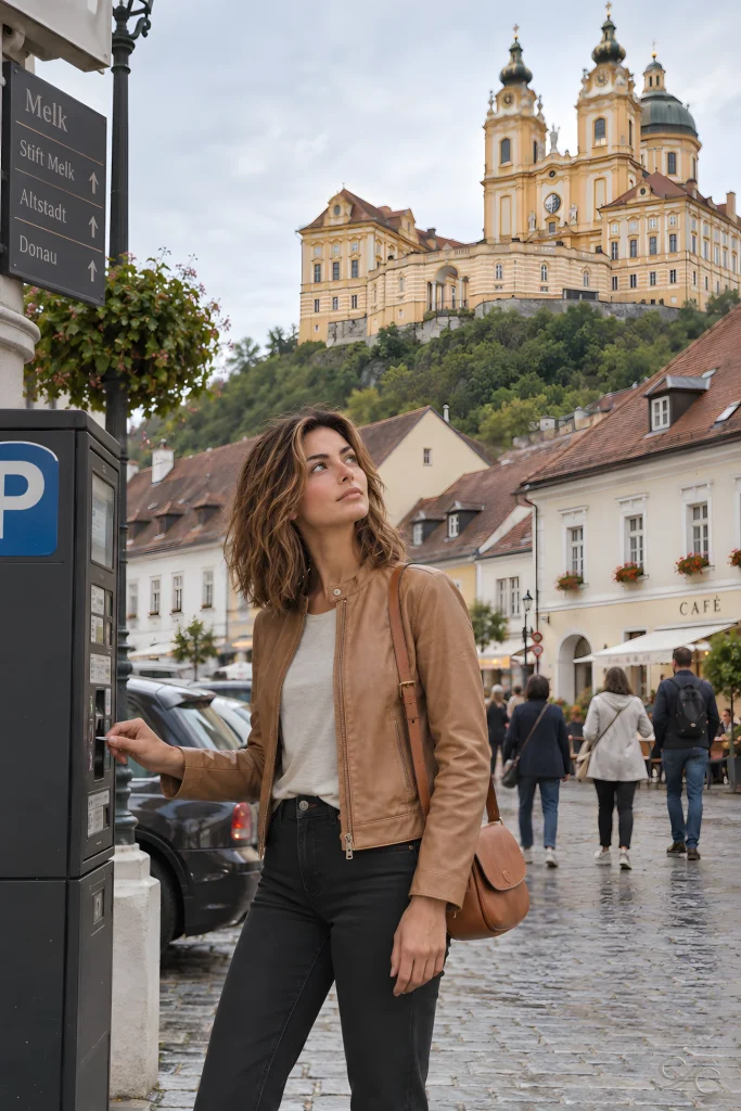 Camille uses a parking meter while looking up toward Melk Abbey above the town’s wet cobbled square.