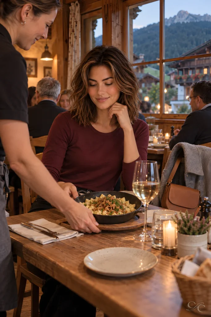 A server sets a hot regional dish before Camille at a wooden table in a warmly lit dining room overlooking village houses and mountain slopes.