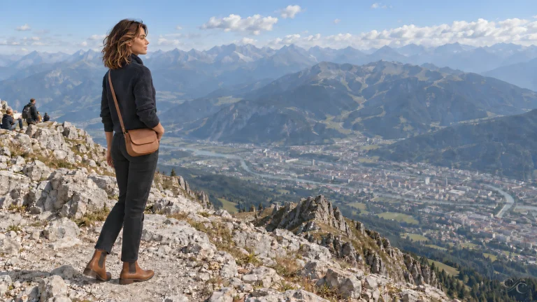 Camille stands on rocky mountain overlooking a valley and distant mountains